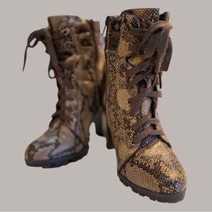 JustFab Brown Faux SnakeSkin  4” Chunky-heeled combat-style boots 4” Size  7.5